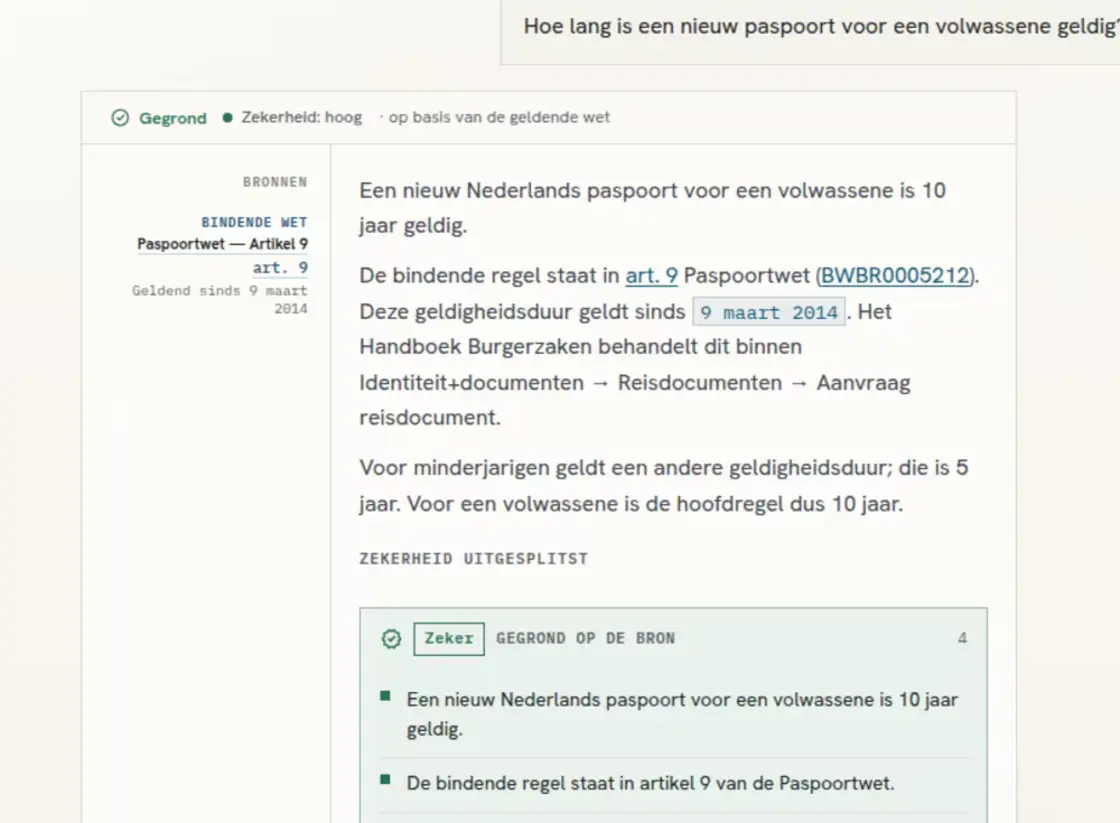 Opname uit Burgerzaken AI: antwoord, zekerheid en Paspoortwet artikel 9 als bron.